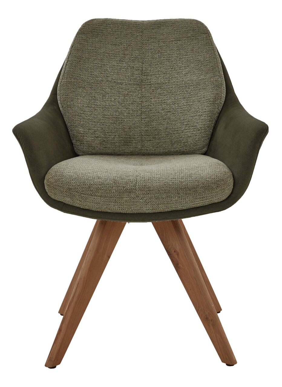Frontansicht eines Valnatura Armlehnstuhls MANADO mit olivgrünem Stoffbezug und Holzbeinen.