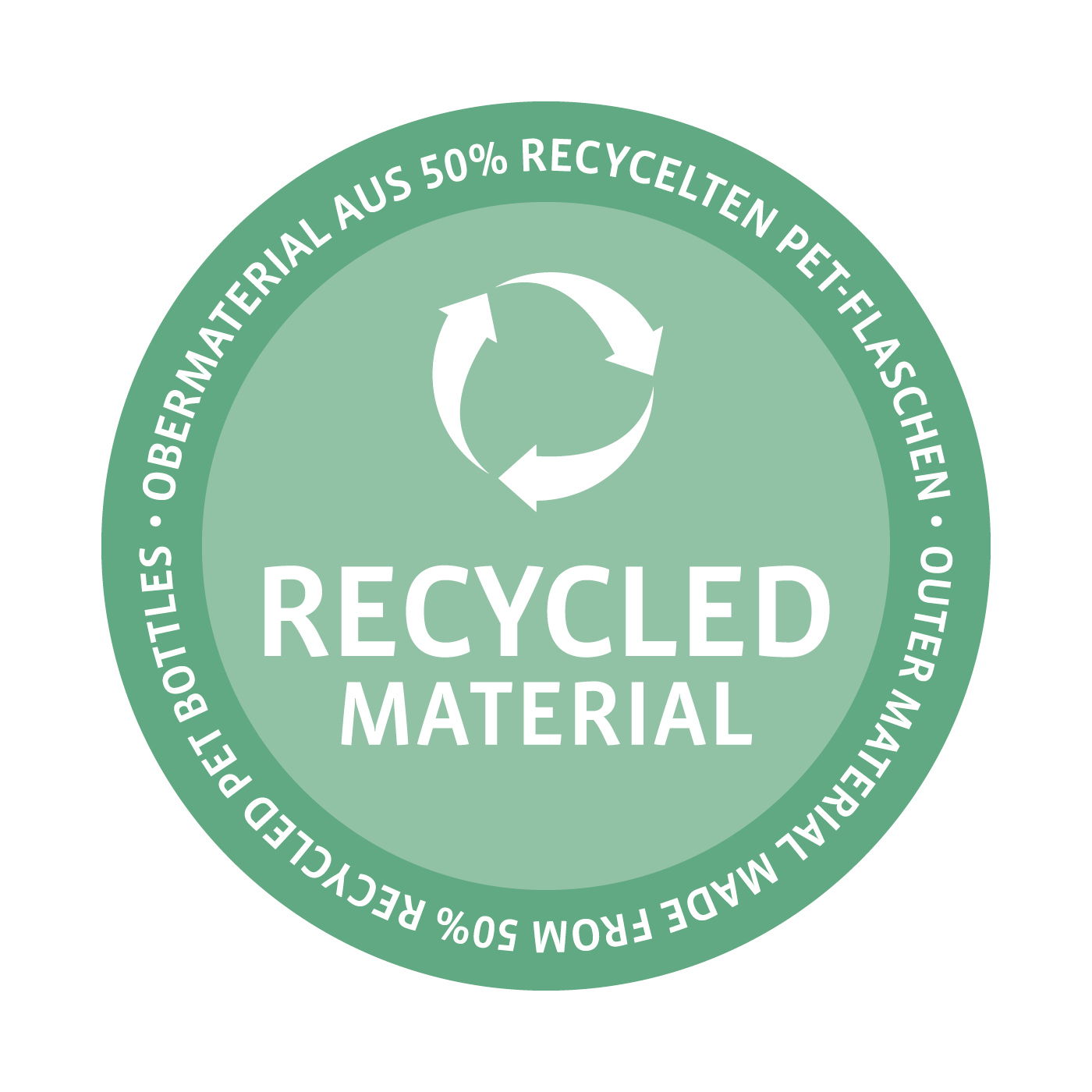 Rundes Siegel mit der Aufschrift 'Recycled Material', das auf 50% recycelte PET-Flaschen als Obermaterial hinweist. Perspektive: Frontalansicht.