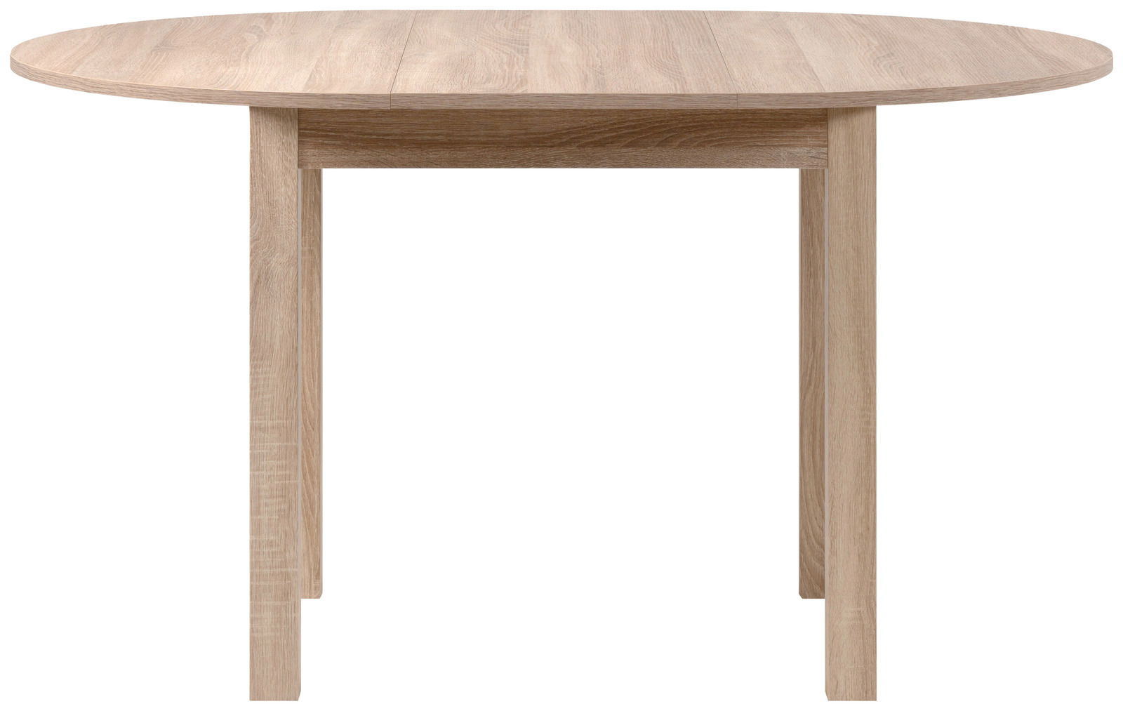 Runder Esstisch aus Holz in heller Eichenoptik, frontal betrachtet.