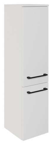 Weißer Midischrank mit zwei schwarzen Griffen, seitliche Perspektive