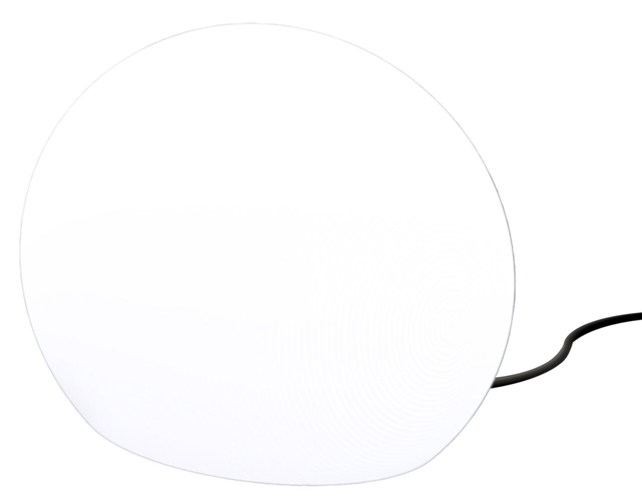 Ronde, platte witte ledlamp met zwarte kabel, vooraanzicht licht van bovenaf tegen een witte achtergrond