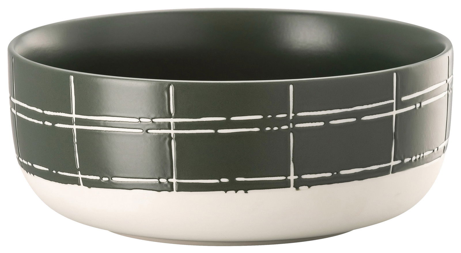 Müslischale 15 cm mit modernem, geometrischem Muster in dunklem Grün und Weiß, seitliche Perspektive
