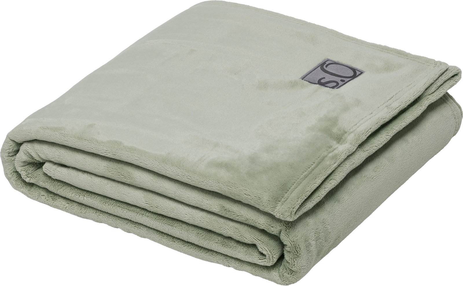 Gefaltete, hellgrüne Kuscheldecke von s.Oliver mit Logo, seitliche Perspektive