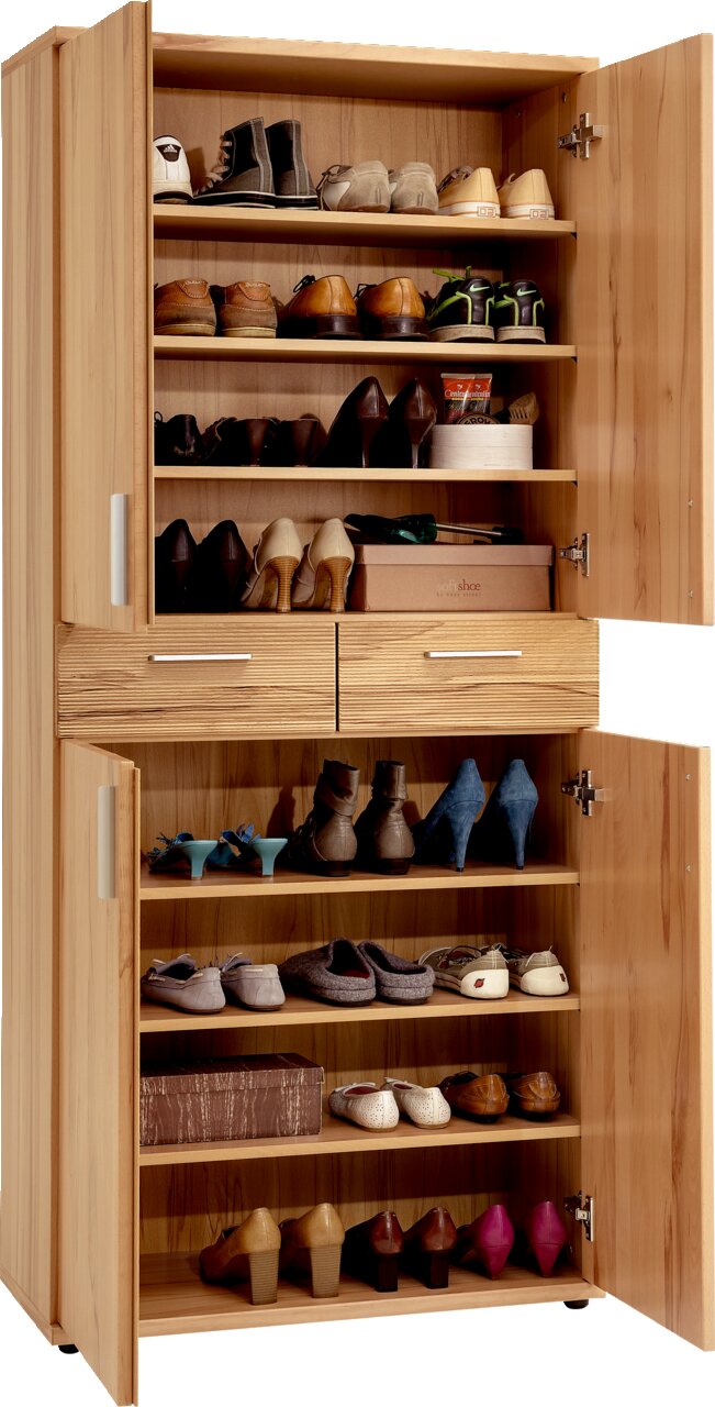 Houten schoenenkast met open deuren, gevuld met verschillende schoenen, gezien van voren.