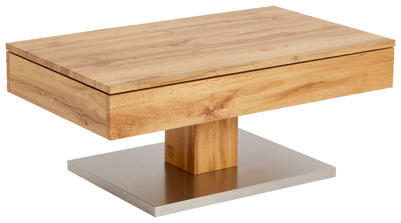 Moderner Couchtisch aus Holz mit rechteckiger Tischplatte und stabiler Basis, seitliche Perspektive