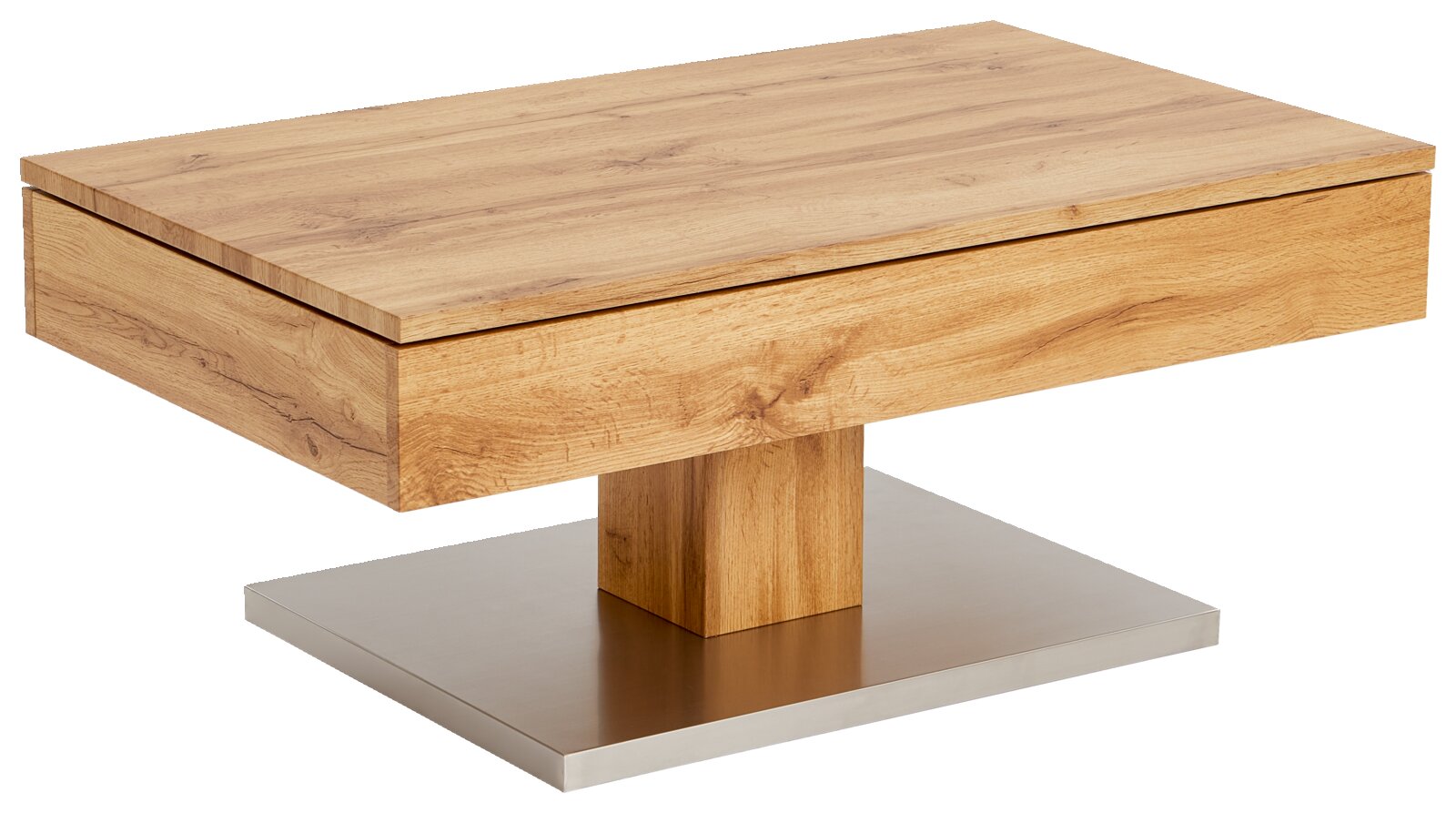 Moderner Couchtisch aus Holz mit rechteckiger Tischplatte und stabiler Basis, seitliche Perspektive