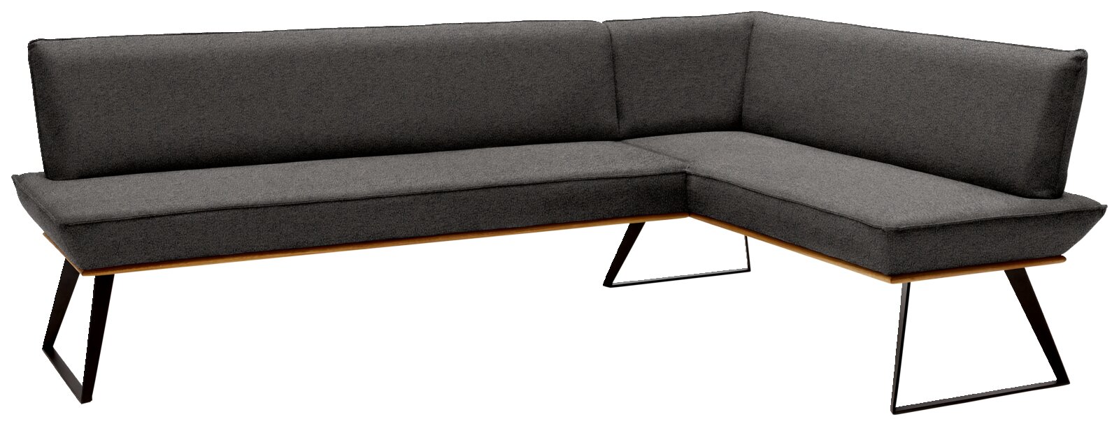 Grijze hoekbank met een modern ontwerp, metalen poten en een L-vorm, gezien vanaf de linkervoorzijde