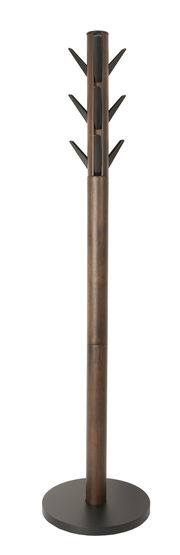 Moderner Garderobenständer aus Holz mit ausklappbaren Haken, frontal abgebildet.