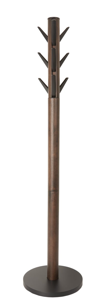 Moderner Garderobenständer aus Holz mit ausklappbaren Haken, frontal abgebildet.