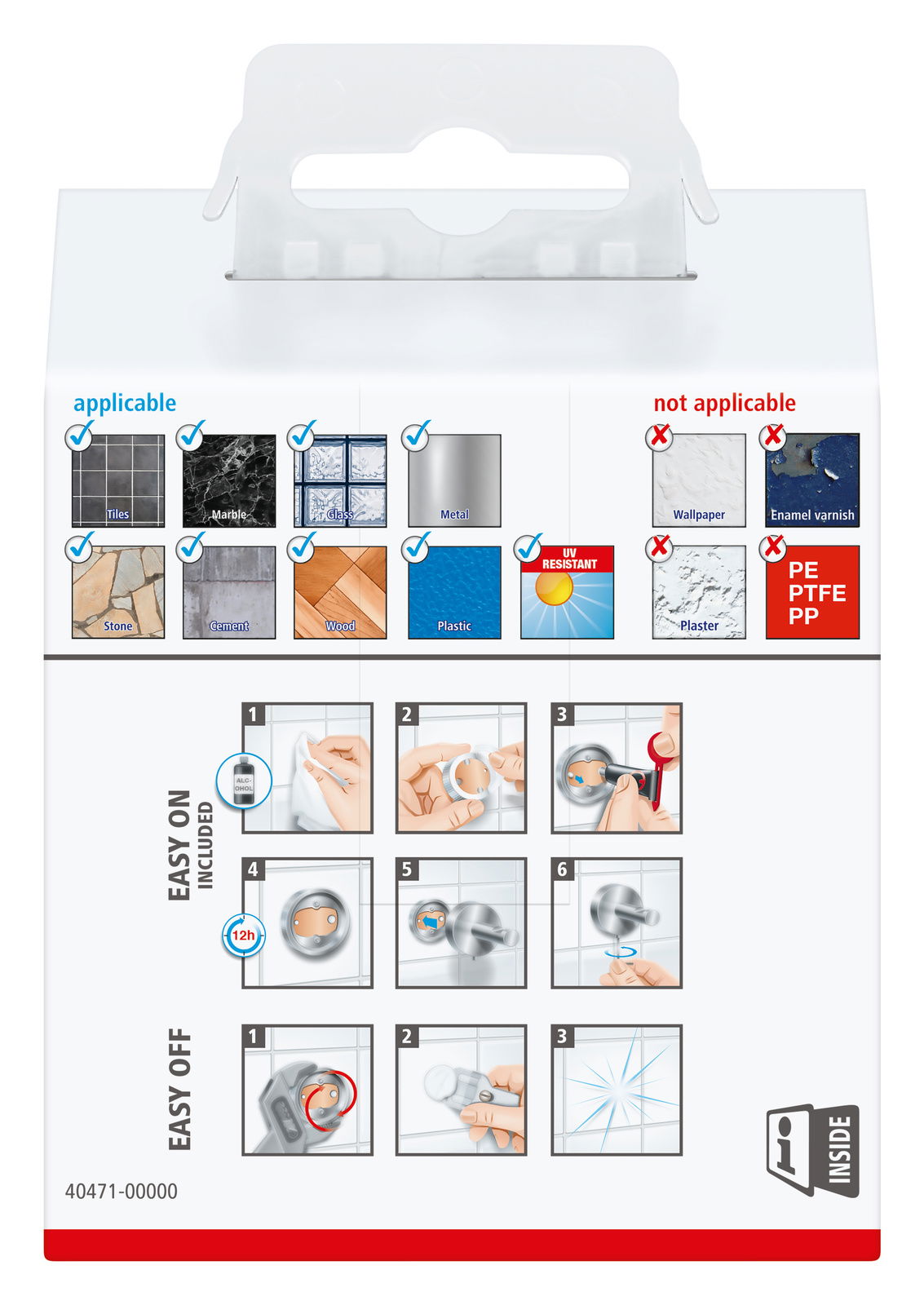 Verpackung des tesa Exxcellent Bademantelhakens mit Anwendungsanleitung und Materialhinweisen, Vorderansicht