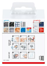 Verpackung des tesa Exxcellent Bademantelhakens mit Anwendungsanleitung und Materialhinweisen, Vorderansicht