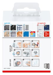 Verpackung des tesa Exxcellent Bademantelhakens mit Anwendungsanleitung und Materialhinweisen, Vorderansicht