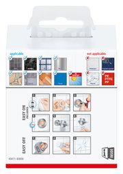 Verpackung des tesa Exxcellent Bademantelhakens mit Anwendungsanleitung und Materialhinweisen, Vorderansicht