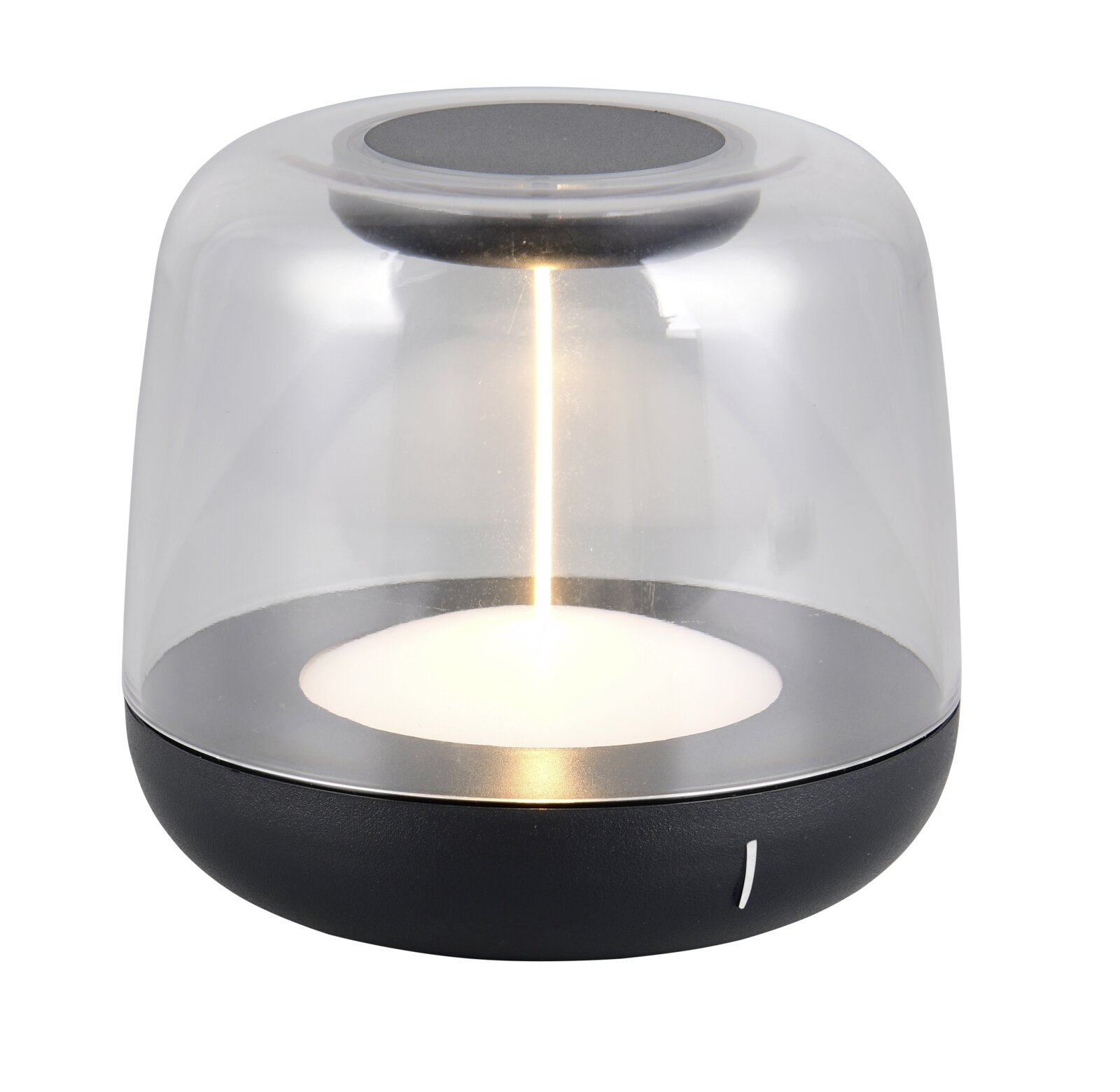 Moderne Akku-Tischleuchte mit transparentem Schirm und schwarzem Sockel, seitliche Perspektive