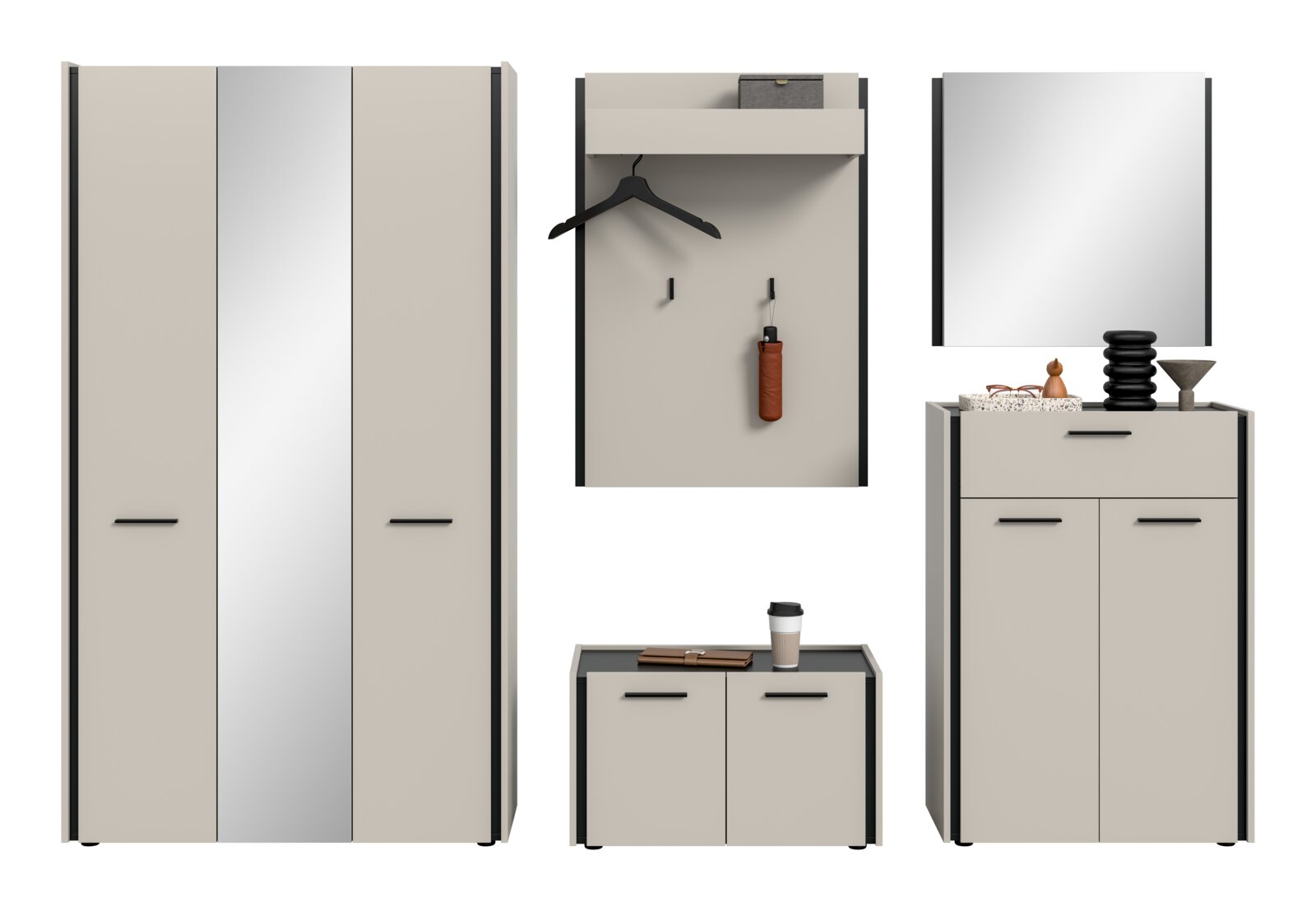Moderne Flur-Garderobenmöbel in Beige und Grau mit schwarzen Griffen: Kleiderschrank, Wandpaneel mit Ablage und Haken, Schuhschrank und Kommode mit Spiegel, gezeigt in Frontansicht.