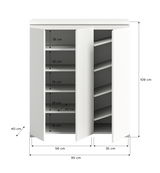 Weißer Schuhschrank mit zwei Türen, geöffnet, zeigt mehrere Regalböden. Frontale Perspektive mit Maßangaben: 109 cm hoch, 95 cm breit, 40 cm tief.