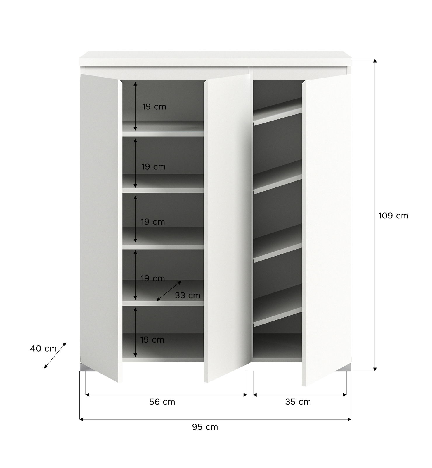 Weißer Schuhschrank mit zwei Türen, geöffnet, zeigt mehrere Regalböden. Frontale Perspektive mit Maßangaben: 109 cm hoch, 95 cm breit, 40 cm tief.