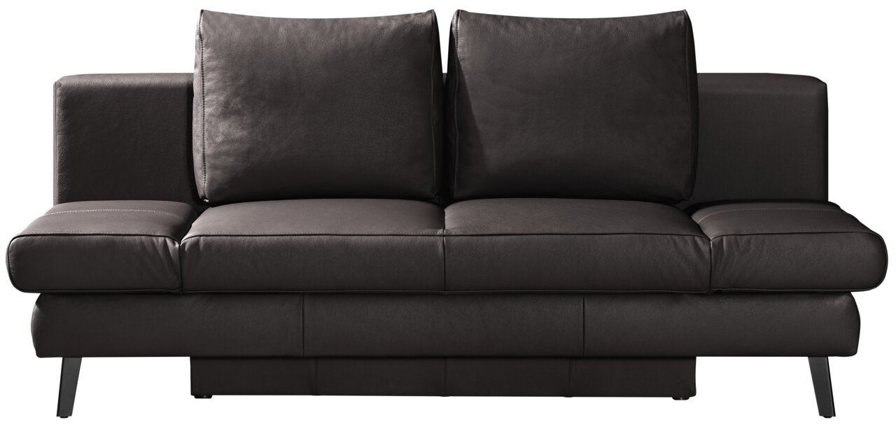 Frontale Ansicht eines modernen, dunkelbraunen Querschläfer-Sofas mit zwei großen Rückenkissen und schlanken Metallfüßen.