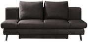Frontale Ansicht eines modernen, dunkelbraunen Querschläfer-Sofas mit zwei großen Rückenkissen und schlanken Metallfüßen.