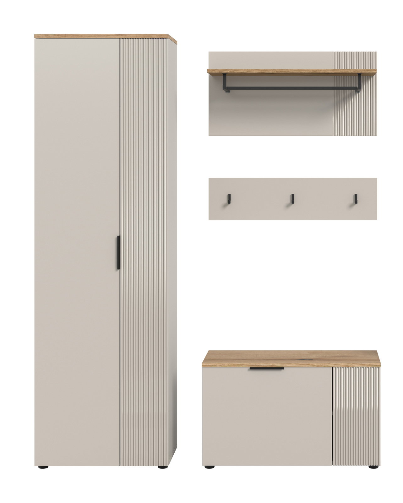 Garderobenkombination bestehend aus einem hohen Schrank, einer Wandablage mit Kleiderstange und Hakenleiste sowie einer Sitzbank, frontal abgebildet.