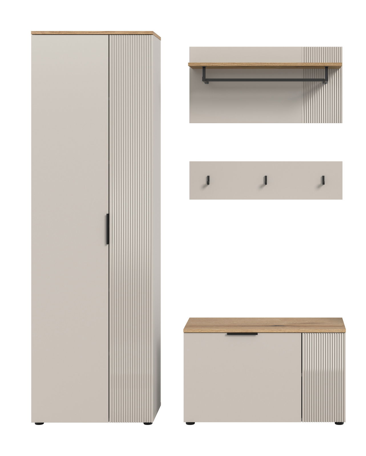 Garderobenkombination bestehend aus einem hohen Schrank, einer Wandablage mit Kleiderstange und Hakenleiste sowie einer Sitzbank, frontal abgebildet.