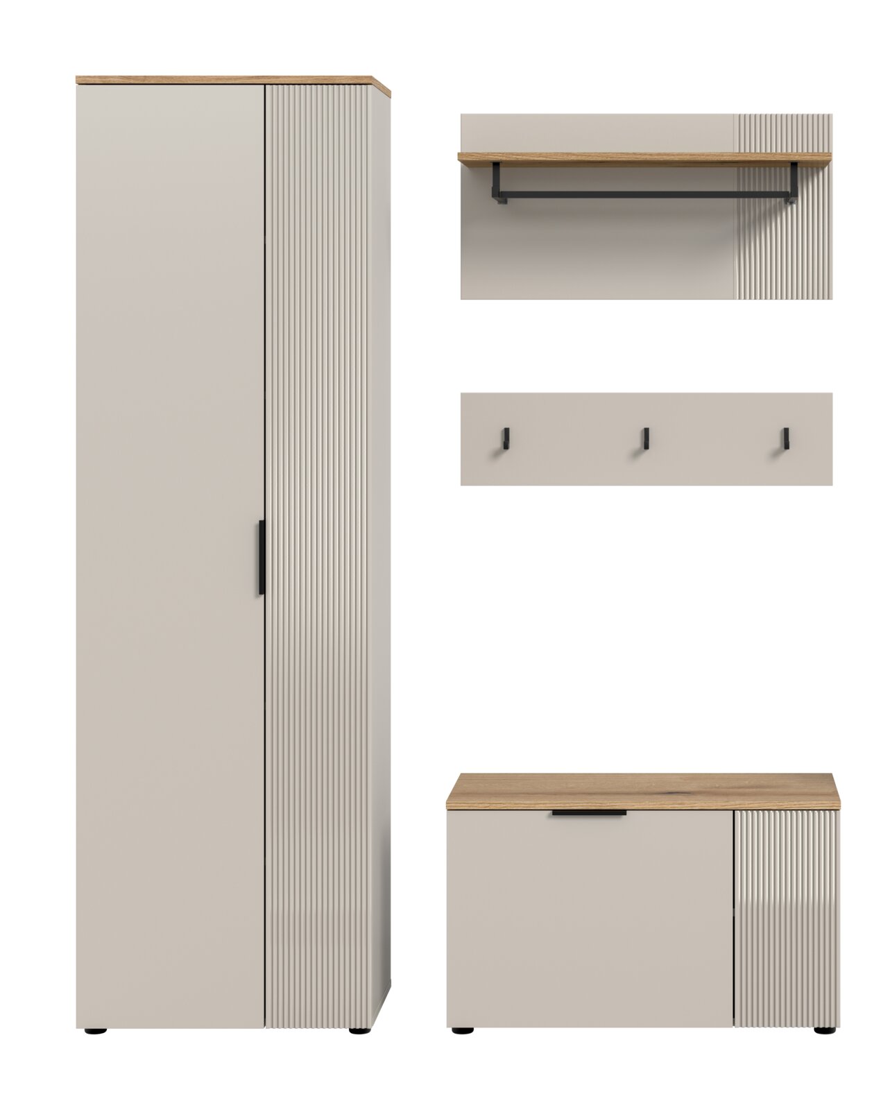 Garderobenkombination bestehend aus einem hohen Schrank, einer Wandablage mit Kleiderstange und Hakenleiste sowie einer Sitzbank, frontal abgebildet.