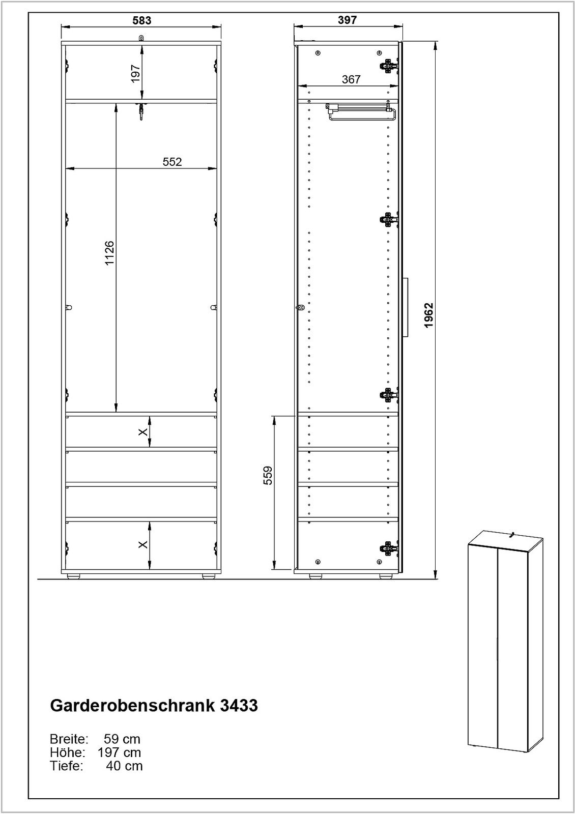 Technische Zeichnung eines Garderobenschranks mit den Maßen: Breite 59 cm, Höhe 197 cm, Tiefe 40 cm, Vorder- und Seitenansicht.