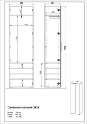 Technische Zeichnung eines Garderobenschranks mit den Maßen: Breite 59 cm, Höhe 197 cm, Tiefe 40 cm, Vorder- und Seitenansicht.