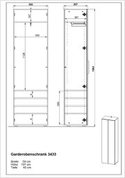 Technische Zeichnung eines Garderobenschranks mit den Maßen: Breite 59 cm, Höhe 197 cm, Tiefe 40 cm, Vorder- und Seitenansicht.