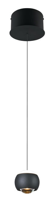 Moderne schwarze Pendelleuchte mit kugelförmigem Lampenschirm, von unten betrachtet.