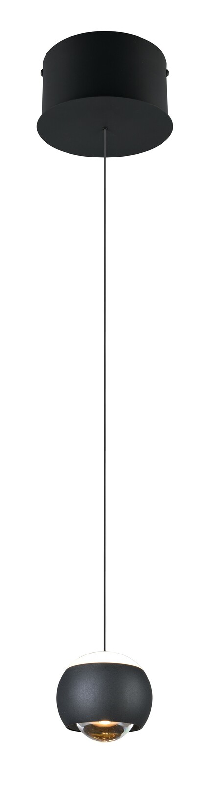 Moderne schwarze Pendelleuchte mit kugelförmigem Lampenschirm, von unten betrachtet.