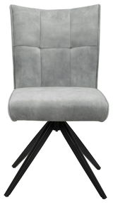 Grauer Stuhl mit gepolsterter Rückenlehne und schwarzem Metallgestell, Frontalansicht