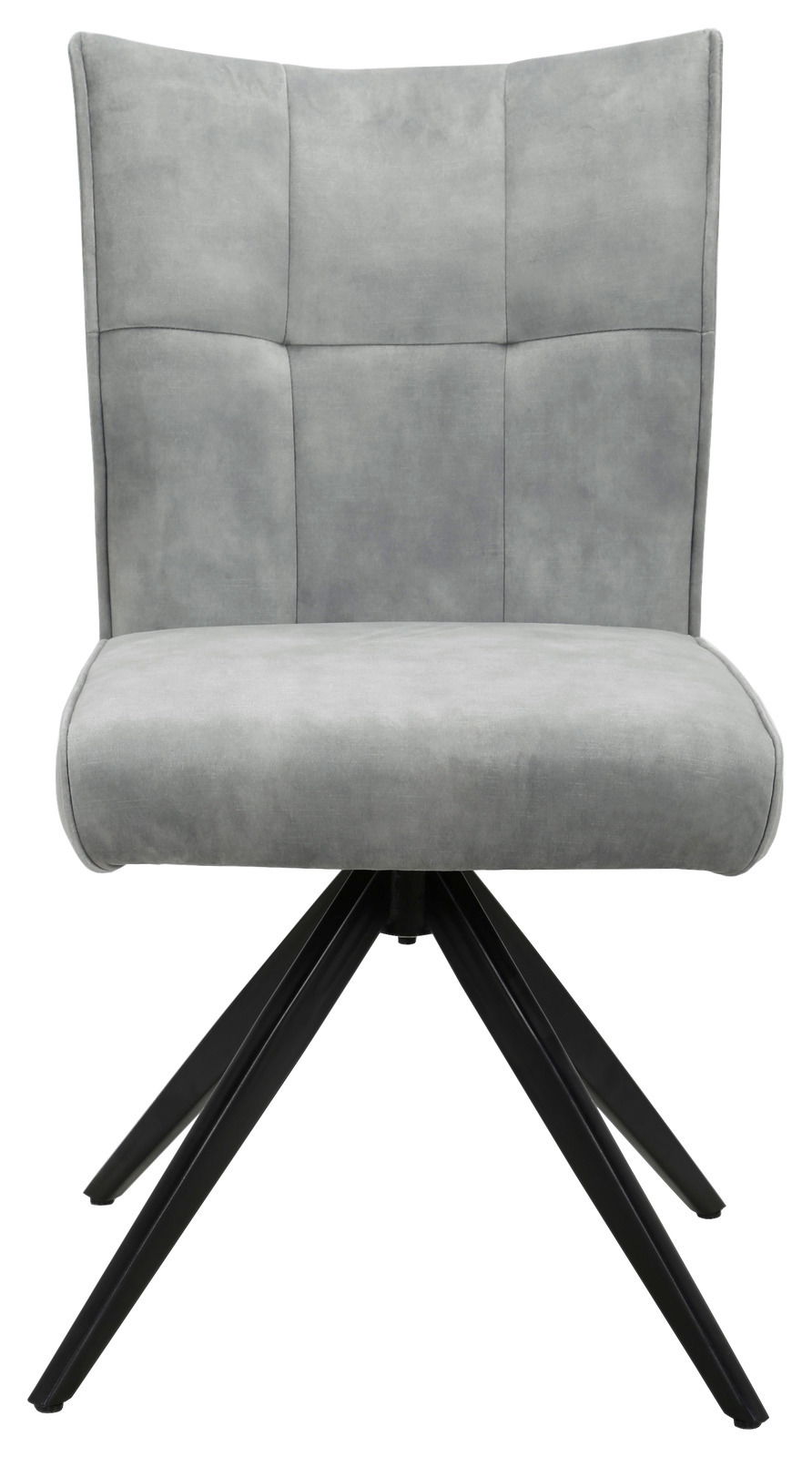 Grauer Stuhl mit gepolsterter Rückenlehne und schwarzem Metallgestell, Frontalansicht