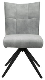 Grauer Stuhl mit gepolsterter Rückenlehne und schwarzem Metallgestell, Frontalansicht