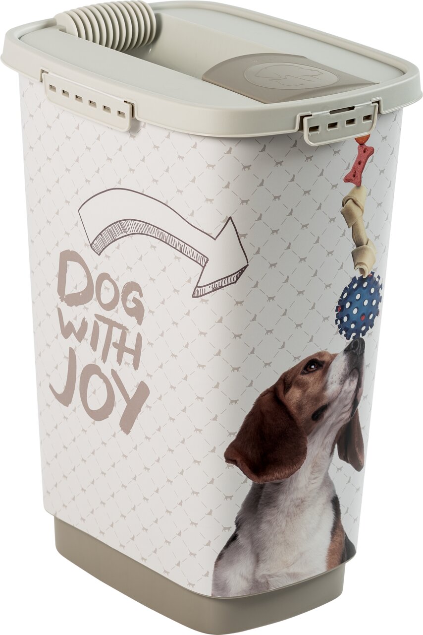 rotho Voerbak voor dieren, 25 l CODY Voerbak met een inhoud van 25 liter, versierd met een hondenmotief en het opschrift 'Dog with Joy', zijaanzicht