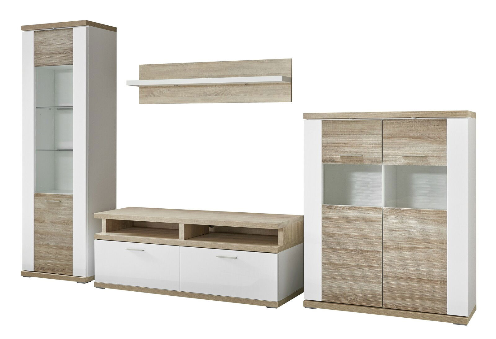 XORA Wandkombination MANHATTAN Moderne Wandkombination in Holzoptik mit weißem Hochglanz, bestehend aus einem hohen Schrank, einem TV-Board und einem Hängeregal. Frontalansicht.