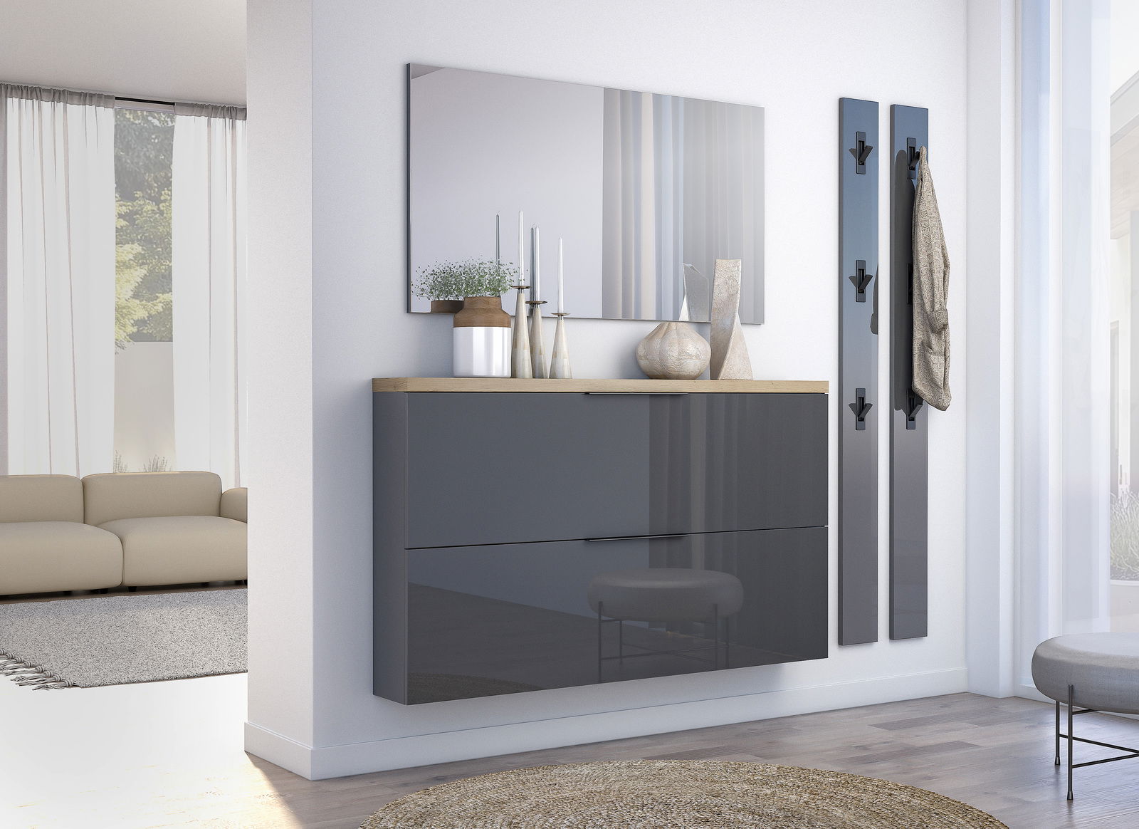 Moderne Garderobenleiste in einem eleganten, minimalistischen Raum, seitliche Perspektive.