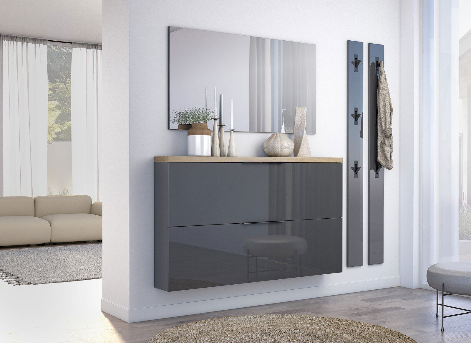 Moderne Garderobenleiste in einem eleganten, minimalistischen Raum, seitliche Perspektive.