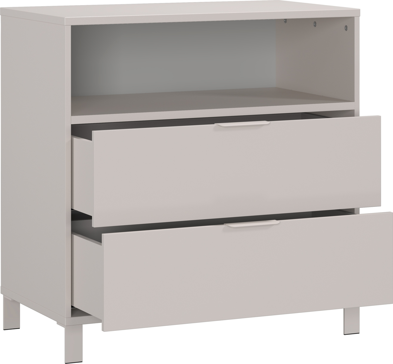 Weiße, schmale Kommode mit zwei offenen Schubladen und einem offenen Fach, seitliche Perspektive