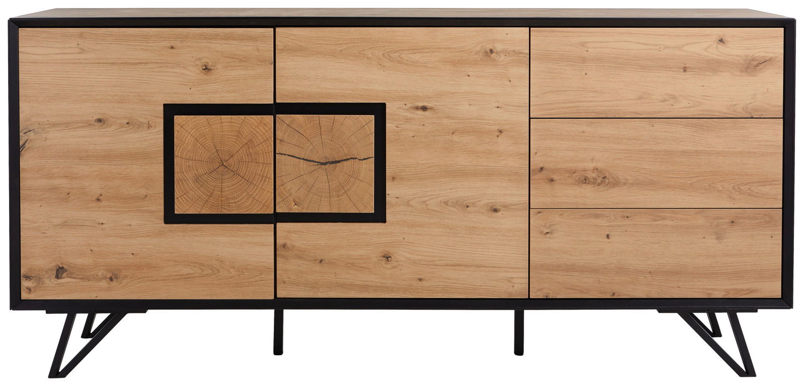 Frontale Ansicht eines modernen Sideboards aus hellem Holz mit schwarzem Rahmen und einzigartigem Holzmaserungsdesign.