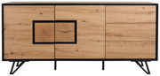 Frontale Ansicht eines modernen Sideboards aus hellem Holz mit schwarzem Rahmen und einzigartigem Holzmaserungsdesign.