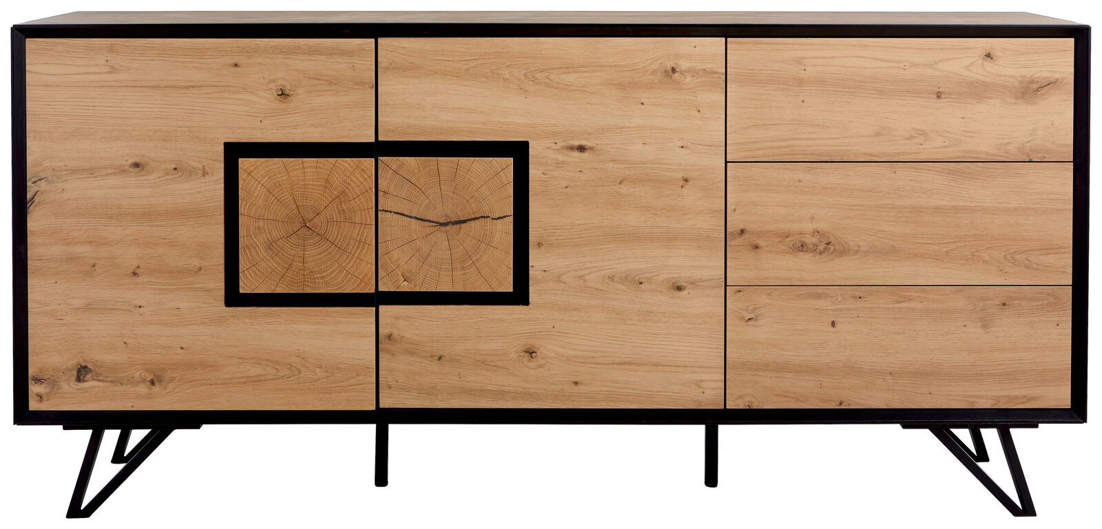Frontale Ansicht eines modernen Sideboards aus hellem Holz mit schwarzem Rahmen und einzigartigem Holzmaserungsdesign.