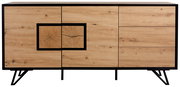 Frontale Ansicht eines modernen Sideboards aus hellem Holz mit schwarzem Rahmen und einzigartigem Holzmaserungsdesign.