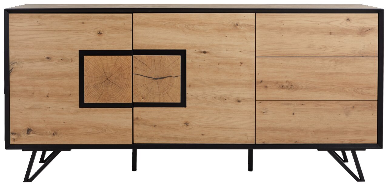 Frontale Ansicht eines modernen Sideboards aus hellem Holz mit schwarzem Rahmen und einzigartigem Holzmaserungsdesign.