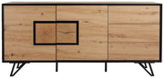 Frontale Ansicht eines modernen Sideboards aus hellem Holz mit schwarzem Rahmen und einzigartigem Holzmaserungsdesign.