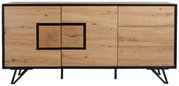 Frontale Ansicht eines modernen Sideboards aus hellem Holz mit schwarzem Rahmen und einzigartigem Holzmaserungsdesign.
