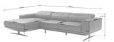 Graues Longchair-Sofa mit linker Ottomane, Ansicht von vorne links, mit detaillierten Abmessungen.