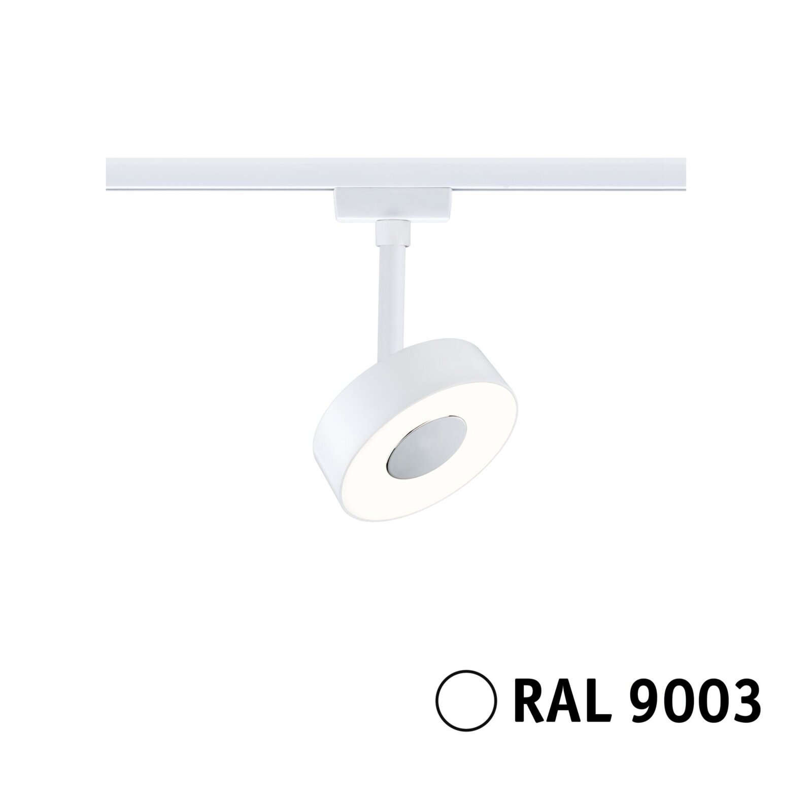 Weißer Schienenspot Circle in RAL 9003, seitliche Perspektive