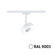 Weißer Schienenspot Circle in RAL 9003, seitliche Perspektive