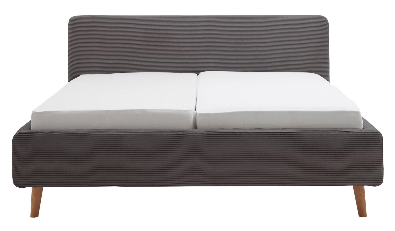 Frontale Ansicht eines modernen Polsterbetts mit grauem Stoffbezug und Holzfüßen.